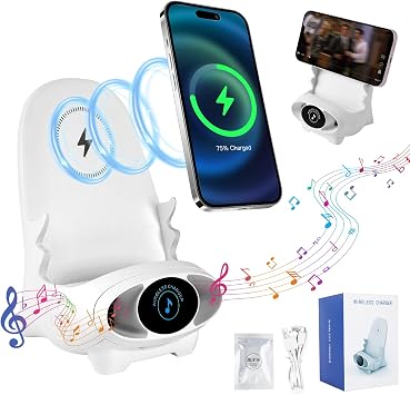 Mini Chair Wireless Fast Charger Multifunctional Phone Holder, Portable Mini Chair Wireless Charger, 3 in 1 Cell Phone Stand for Desk, Charging Desktop Cellphone Stand with Speaker Function White