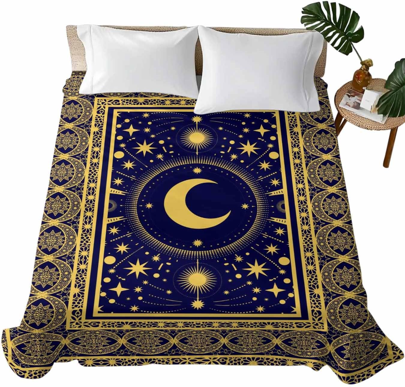 King Flat Sheet Only Bed Sheets Yellow Moon Star Dark Blue Microfiber Breathable Bedding Flat Sheet, Traditional Ethnic Style Soft Top Sheets for Bedroom Living Room Sofa