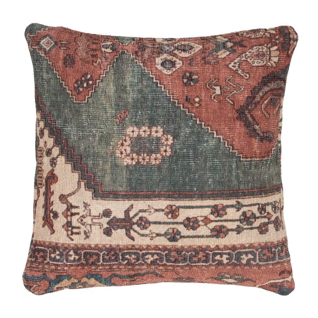 The Rug House Decorative Terracotta Oriental Cushion Cover Printed Green Orange Cotton Machine Washable Kilim Pattern Zip Fastening Not Filled 50cm x 50cm
