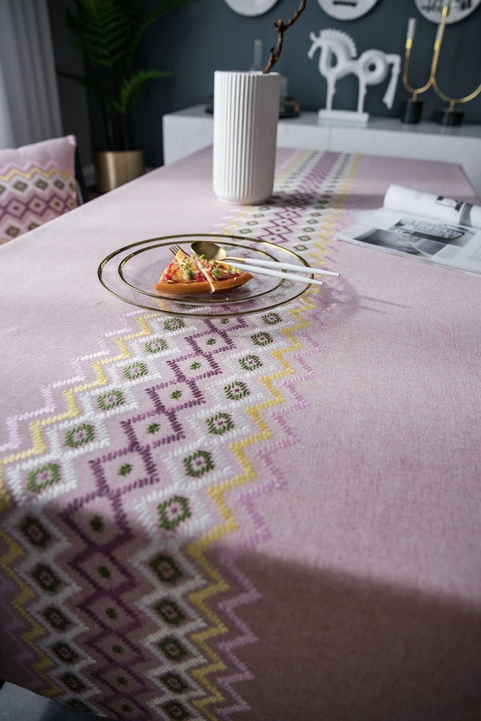 Tablecloth różowy, bawełna len zmywalny obrus haft obrus prostokątny 100 x 160 cm