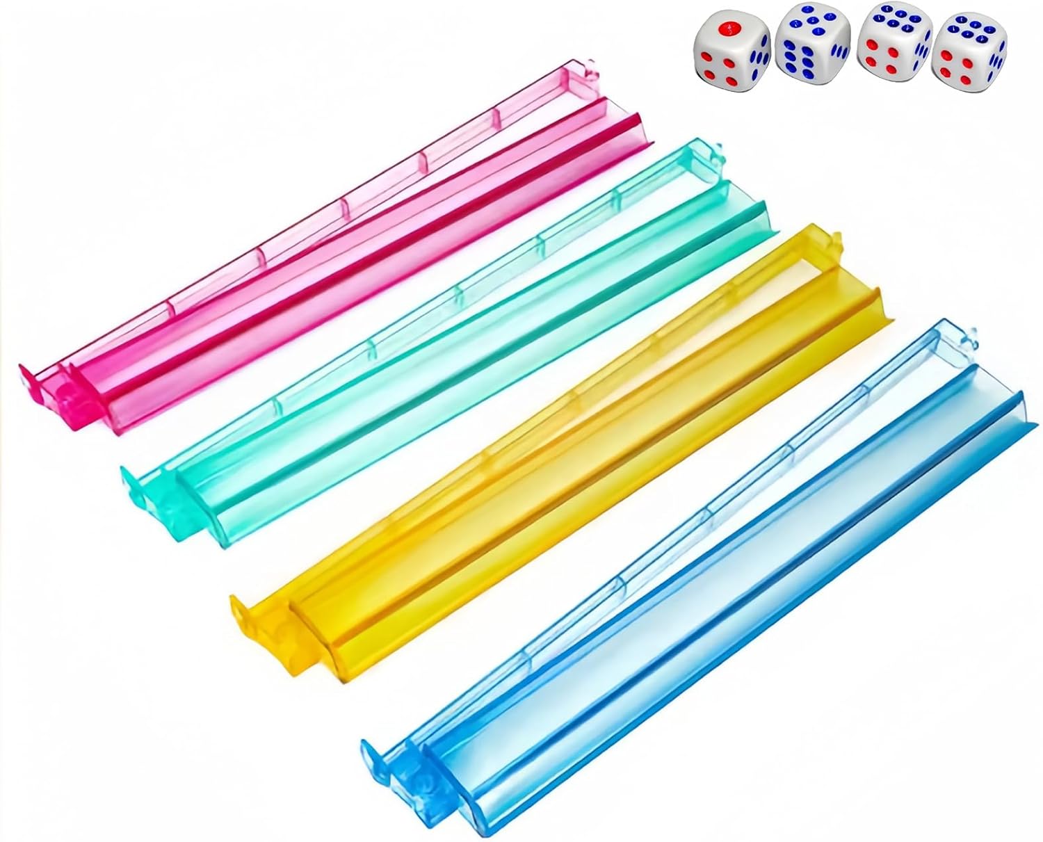 Mahjong Tile Racks with Pushers Set of 4, Clear Acrylic Mahjong Rack and Pusher Combo, Durable Tile Holders with 4 Dice, Multi-Color Mah Jongg Accessories for American Mahjong Game