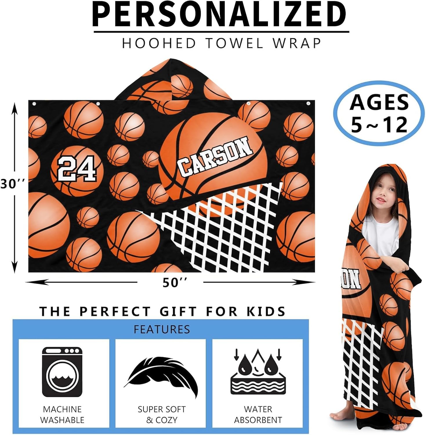Hooded Towel Kids Orange Sport Basketball Bath Towels with Hood Microfiber Kids Beach Towels Baby Pool Beach Towel for Boy Girls