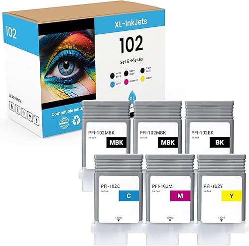 XL-Ink compatible con Canon PFI-102 PFI102 paquete de 6 (2 unidades negro mate, negro, cian, magenta, amarillo)