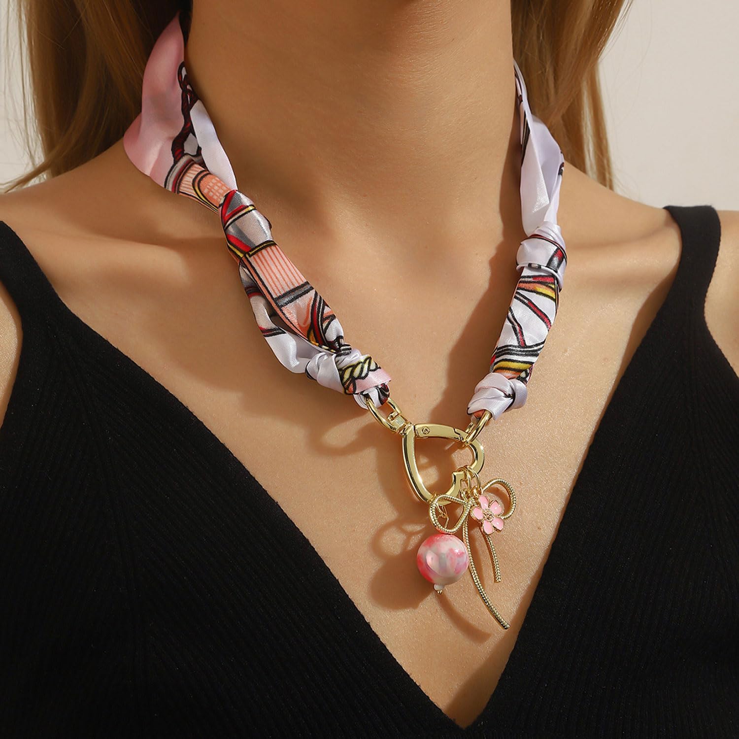 Scarf Necklace for Women Pink Orange Bandana Adjustable Necklace Flower Bow Pearl Pendant Charm Necklaces Trendy Jewlery for Women - Image 2