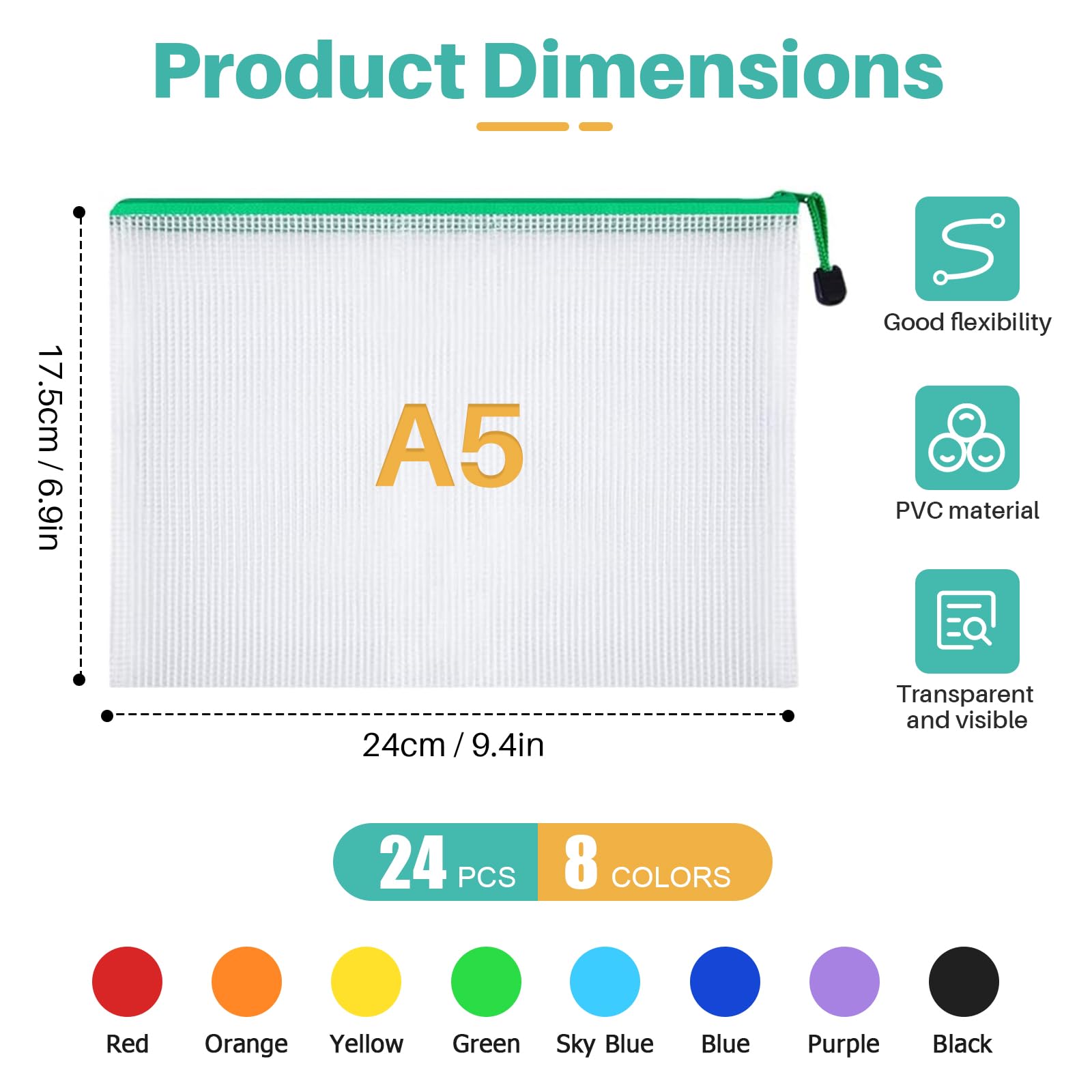 WenYa A5 Plastic Zip Wallets, 24Pcs Mesh File Folder Zipper Bags - Image 2