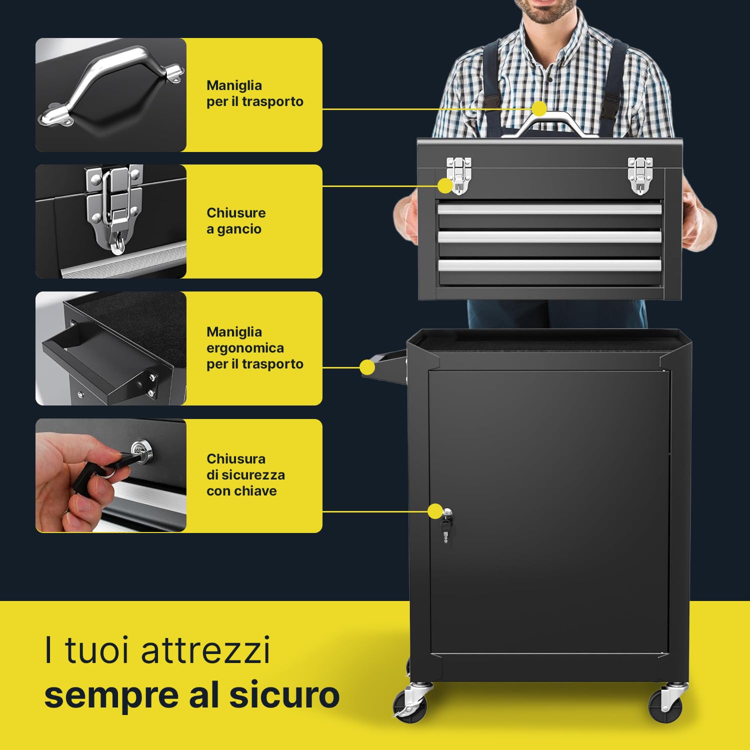 DAIMANN Carrello Porta Attrezzi Officina in Metallo - Banco da Lavoro Mobile con 3 Cassetti Scorrevoli e Armadietto con Serratura - 4 Ruote Girevoli e Maniglia Ergonomica - Organizer per Garage