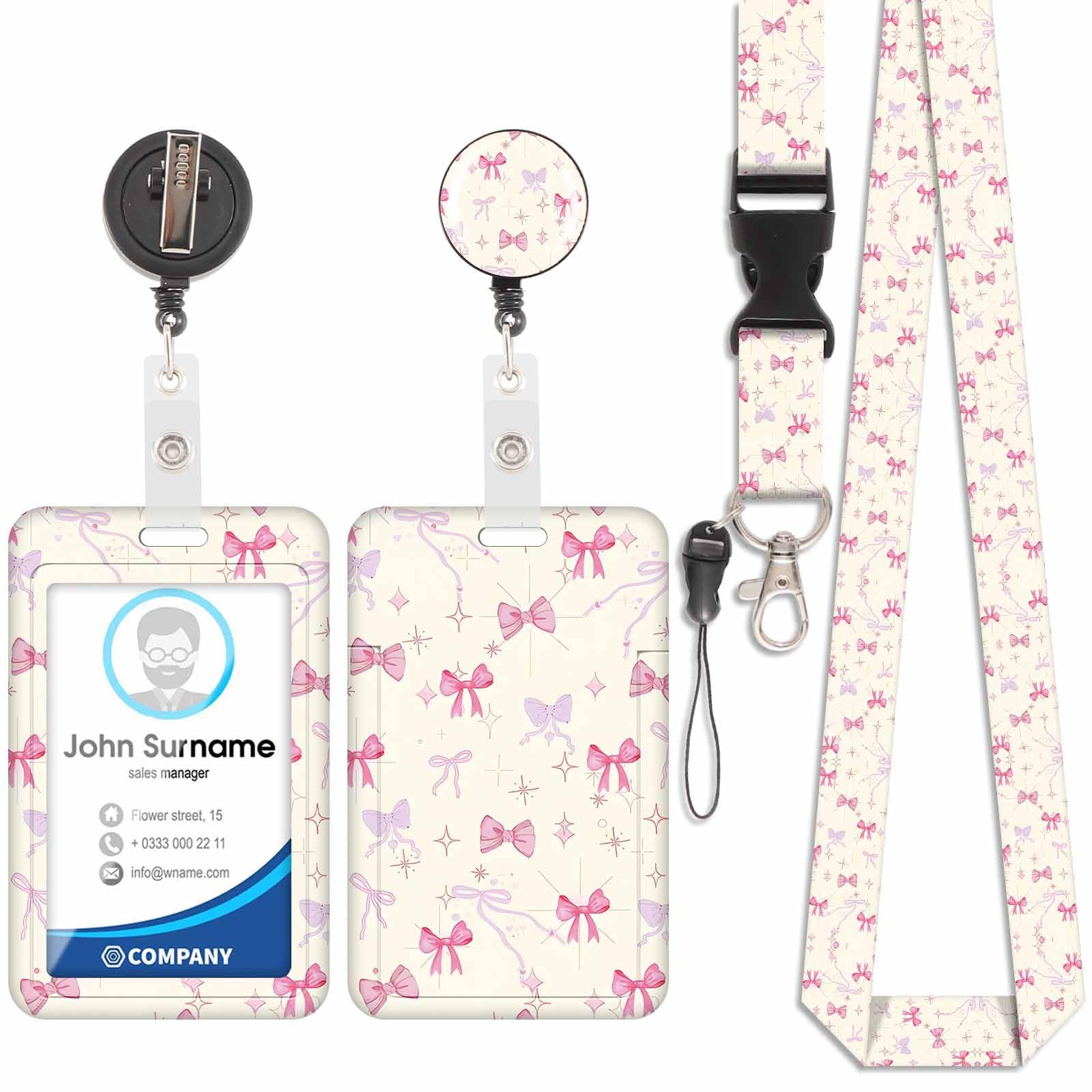 Badge Holder with Lanyard, ID Badge Holders with Detachable Cute Lanyard, Retractable Badge Reel Carabiner Clip, Personalized Vertical Card Cover Case Protector for Nurse Teacher Student (Bow-1)