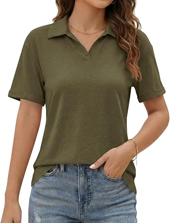 Womens Short Sleeve Polo Shirts Summer V Neck Business Dressy Casual Tops