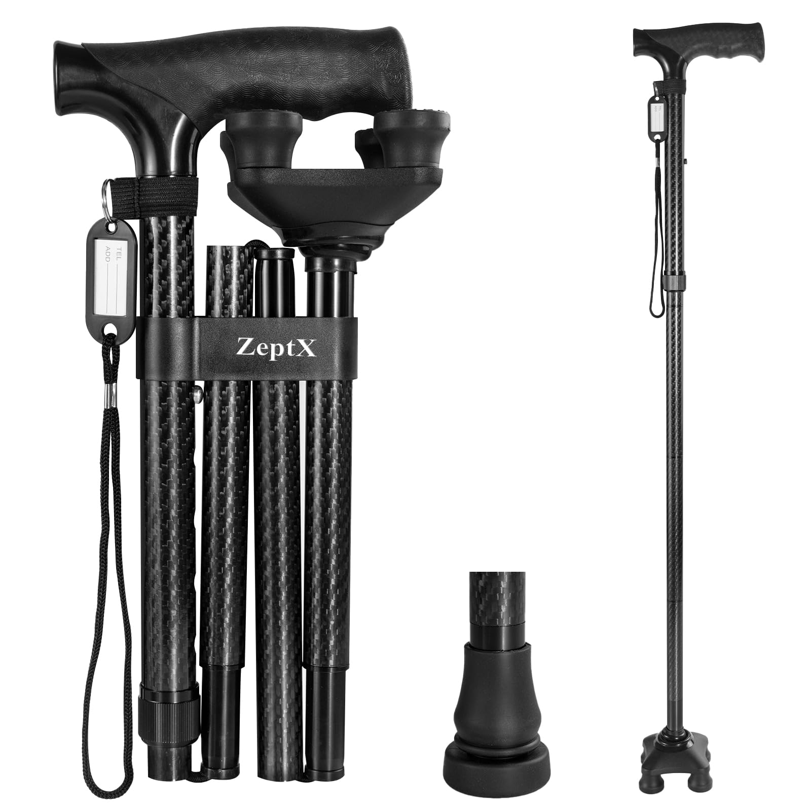 Folding Walking Quad Cane for Men and Women,Ultra Lightweight Sturdy Height Adjustable Nonslip Rubber Tips Free Standing Cane,Collapsible Walking Sticks for Seniors & Adults [Black]