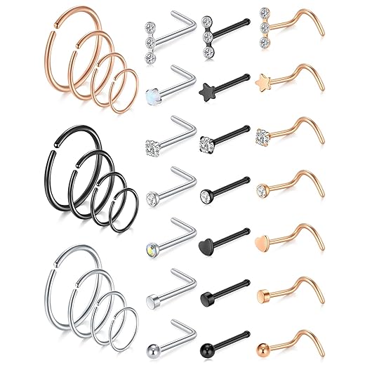 MODRSA Nose Rings Hoop Nose Rings for Women 20g Nose Rings Studs L Shape Nose Piercings Nose Ring Surgical Steel Corkscrew Nose Rings Hoops