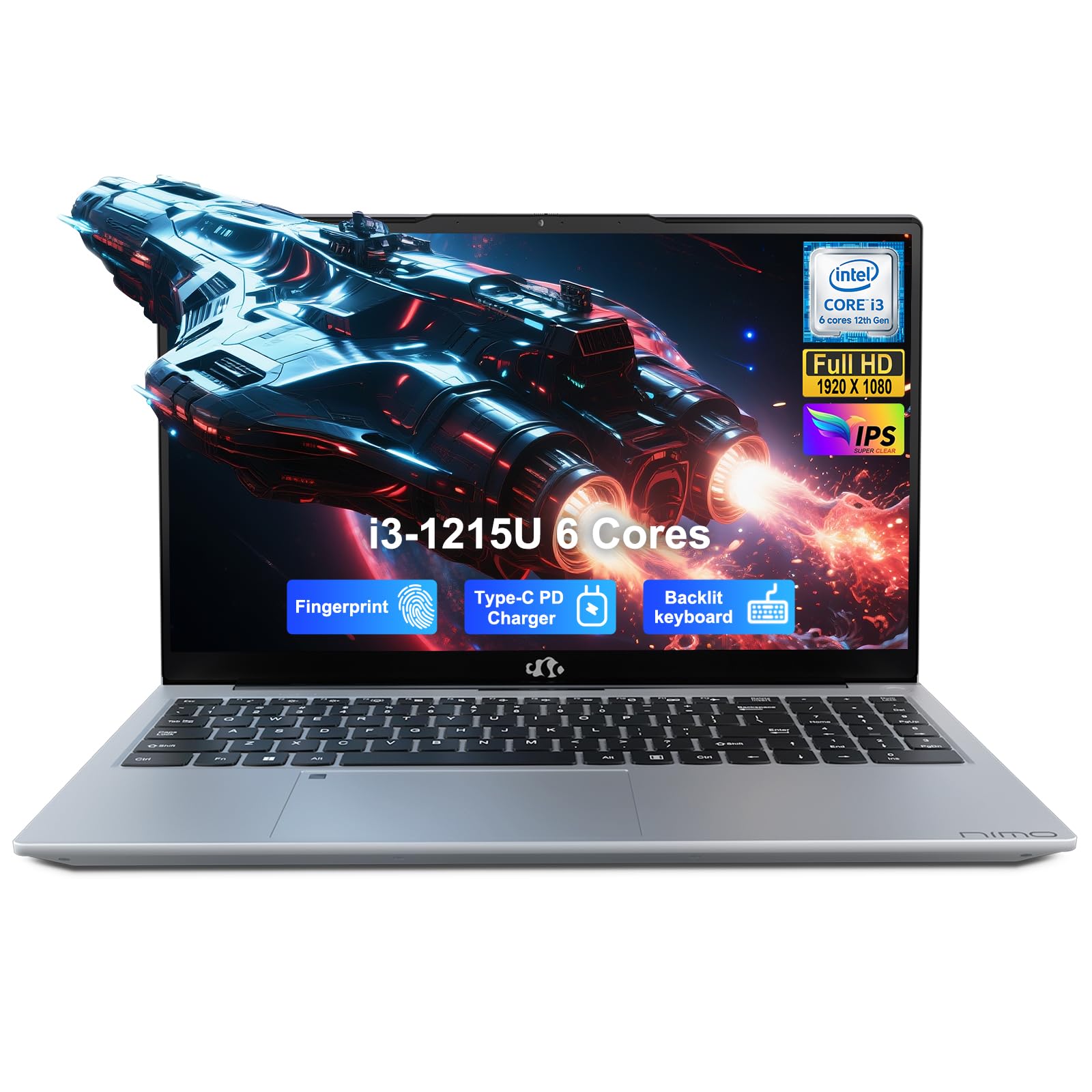 NIMO 15.6" IPS FHD Student Laptop, 12th Gen Intel Core i3-1215U (Up to 4.4GHz, Beat R5 7520U) 8GB RAM 256GB SSD Computer with 180° Viewing, 65W Type C, HDMI, Wi-Fi 6, Portable for Home and Business