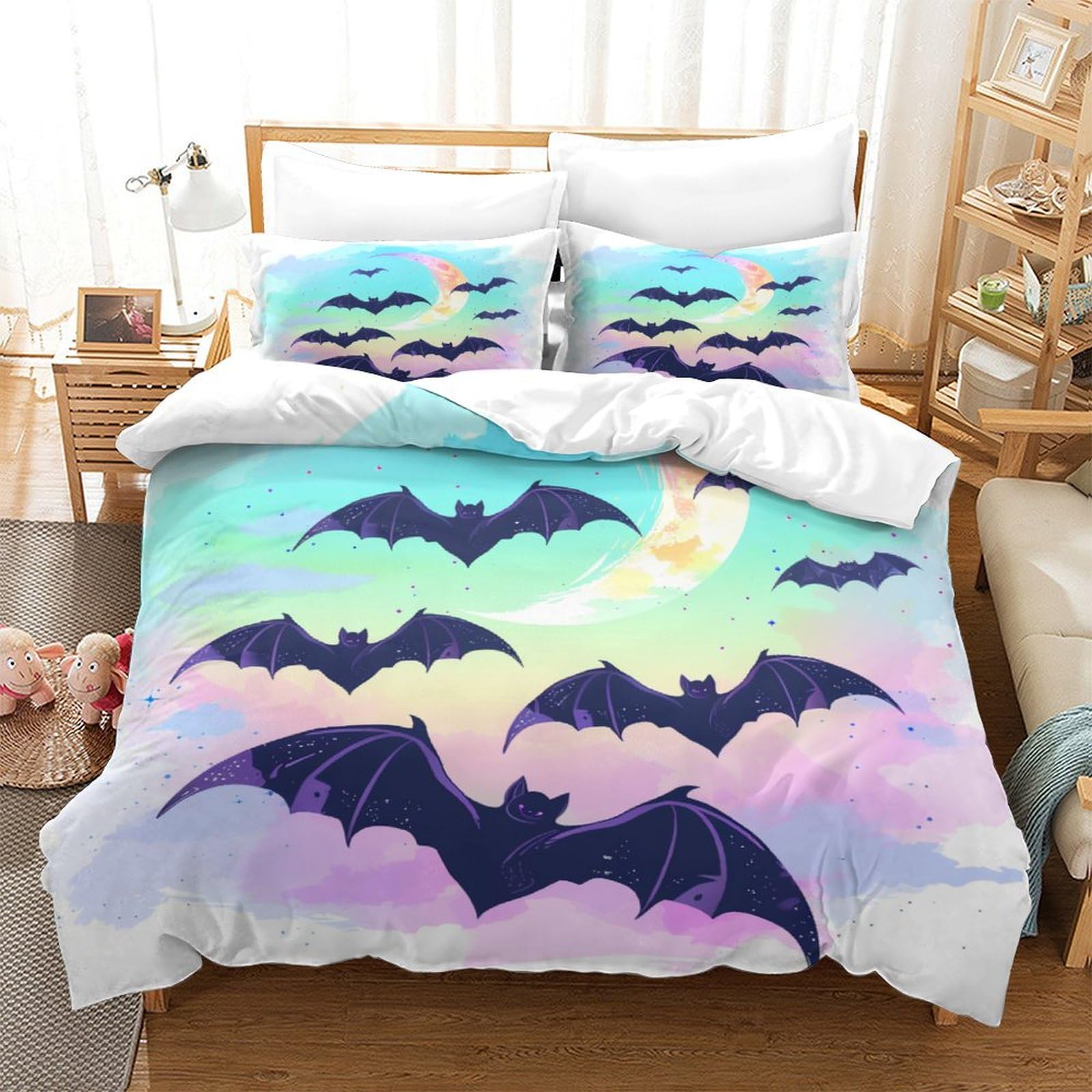 P1S9U7W5Y 3D Printed Night Sky Bat Duvet Cover Set 3pcs Microfiber Cloud Bedding Set Double