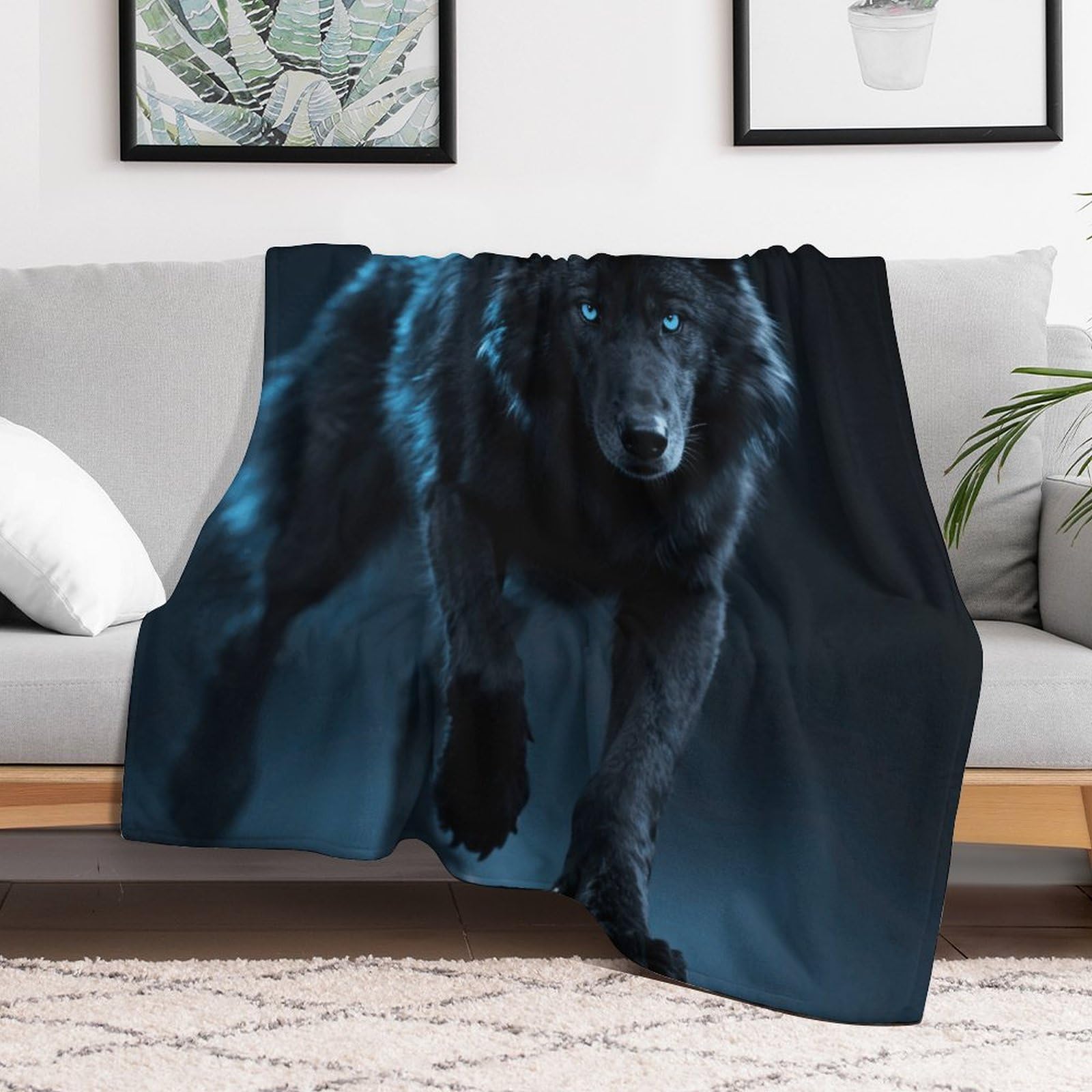 Custom Cool Cyan Black Wolf Blanket Lightweight Flannel Fleece Throw for Couch Sofa Bed Luxury Soft Cozy Plush Lap Bedtime Blanket for All Seasons Bedroom Home Decor Gifts 40x50
