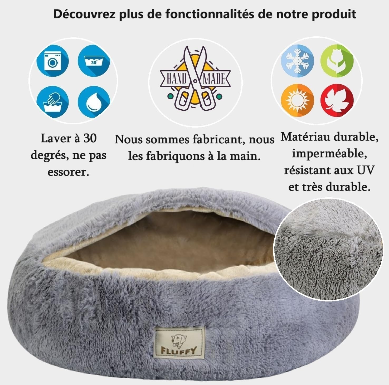 KING DOG Lit apaisant d’intérieur en Peluche Moelleuse, Lavable, Calme l’anxiété, pour Chiens de Petite et Moyenne Taille de Moins de 10 kg, Doux et Chaud, L 80 cm, Gris