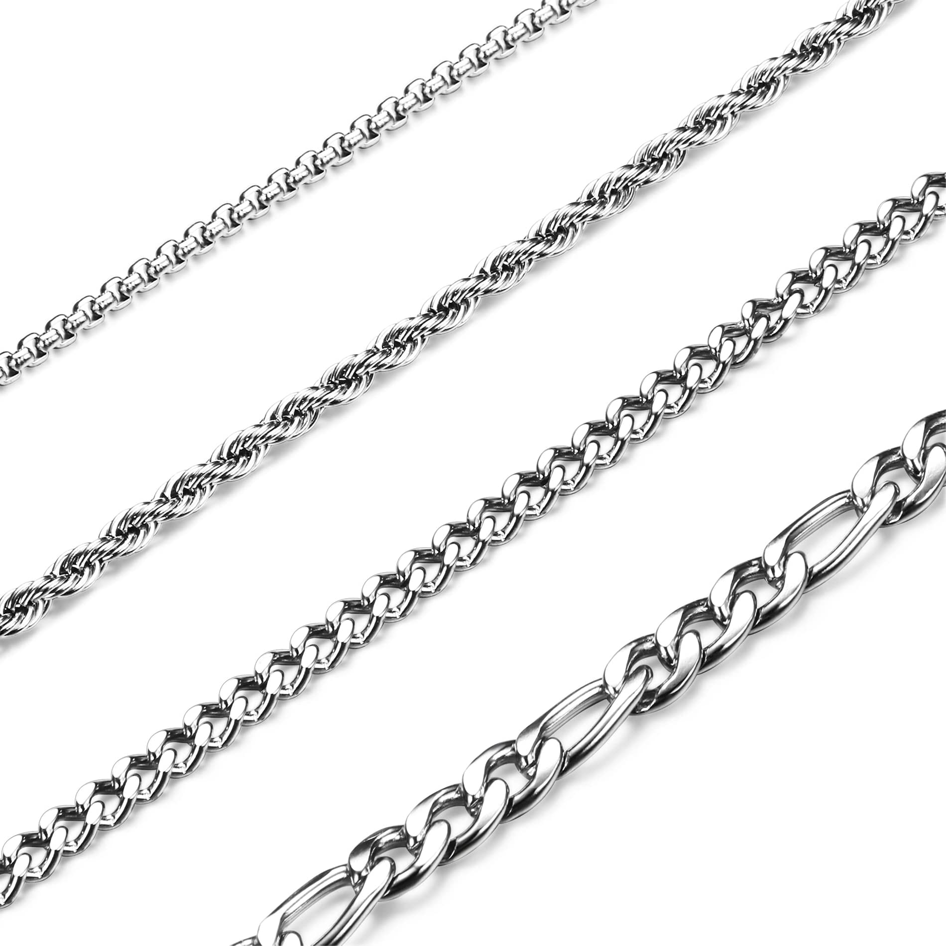 CASSIECA4 Piezas Collar de Cadena de Acero Inoxidable para Hombres y Mujeres Cadena de Cuerda de Plata para Colgante Cadena de Eslabones Cubanos Figaro Rolo Collar Conjunto, 18-30 Pulgadas