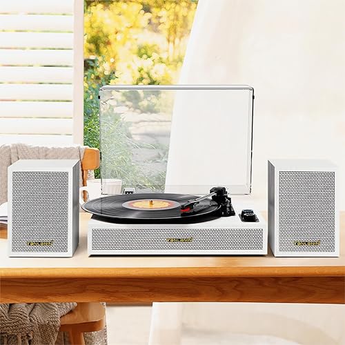 Miniatura 6 de Tocadiscos de vinilo con altavoces externos, tocadiscos vintage de 3 velocidades con altavoces estéreo, salida de audio RCA y entrada auxiliar,