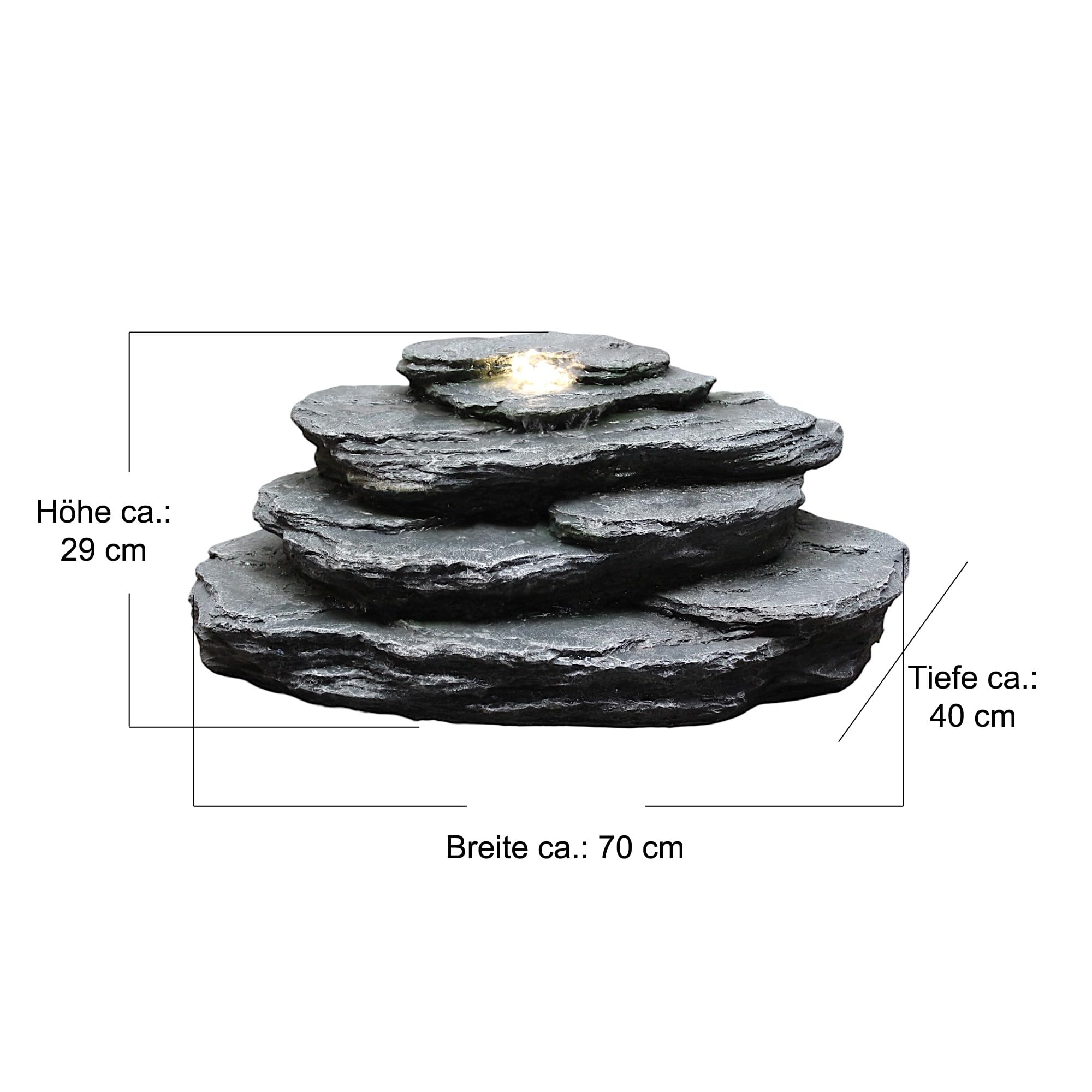 Künstlicher Quellstein Felsen mit LED Beleuchtung OG-KQS002 Realistische Steinoptik, inkl. 2 m Schlauch – Wetterfest für Teich & Bachlauf Schiefer-Optik Springbrunnen Gartenbrunnen (OG-KQS002 + Pumpe)