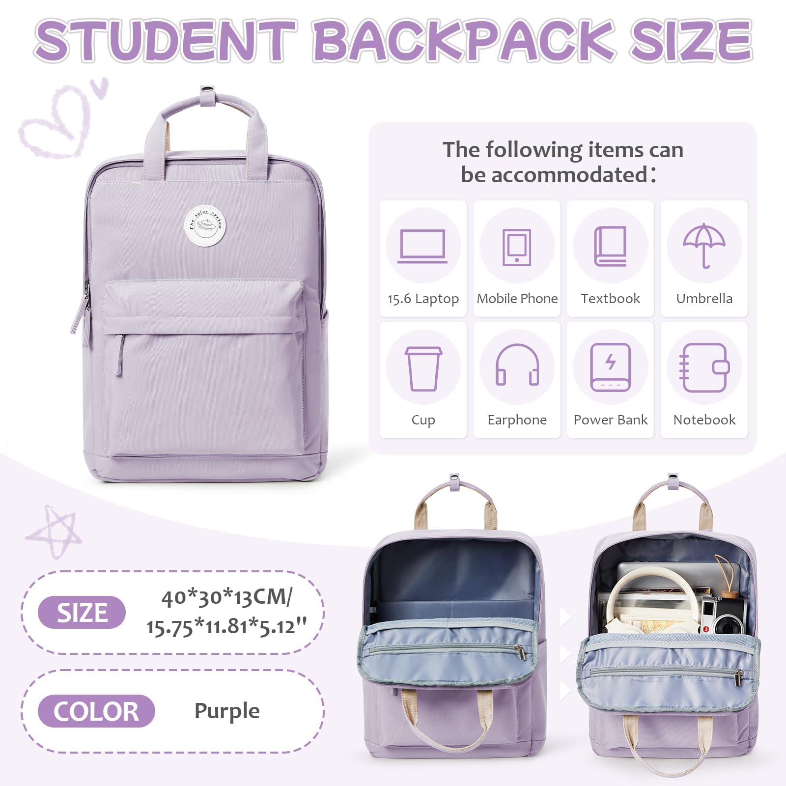 HYC00 Zaino Donna Scuola,Zaino Donna Casual Zaino Scuola Superiore Ragazza Zaino Università Zainetto Cartella, Impermeabile Zaino Porta PC 14 Pollici Zaino per Scuola Media Ragazza Ragazzi Backpack