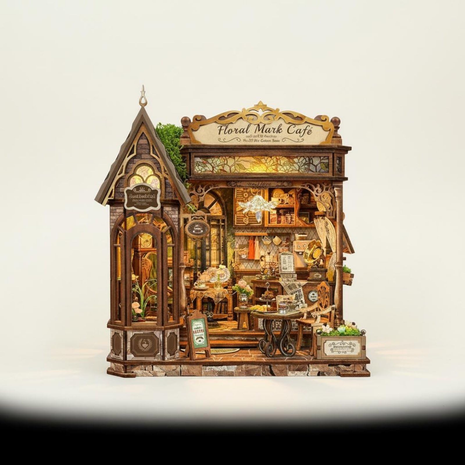 Milageto DIY Miniature House Miniaturhaus Bausatz Puppenhaus Holzbausatz Kaffeehaus Modell mit Sitzbereich Tresen Und Deko für Kreative für Erwachsene Büro Vitrine Zuhause
