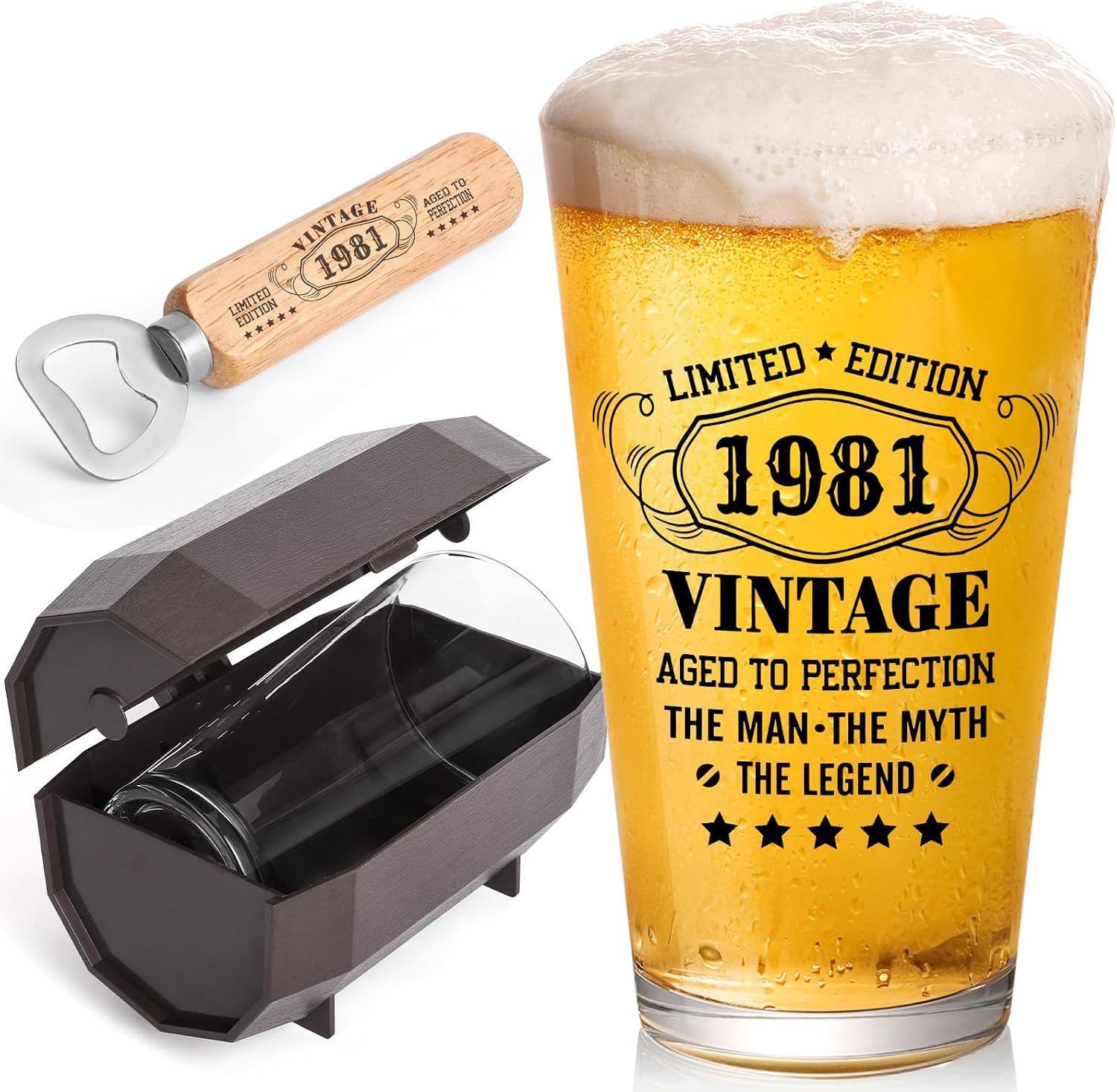 45th Birthday Gifts for Men, Vintage 1981 Beer Glass Set of 16oz in Barrel Box, 45 Year Old Gift Ideas for Him Husband Dad, Pint Glass for 45th Birthday Decorations & Wedding Anniversary