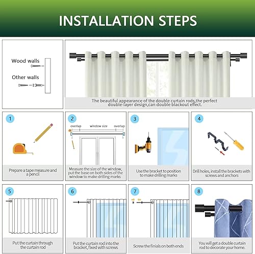 Miniatura 8 de TANGWIN Barras de cortina dobles negras para ventanas de 72 a 144 pulgadas barra de cortina doble telescópica ajustable para dormitorio, sala de