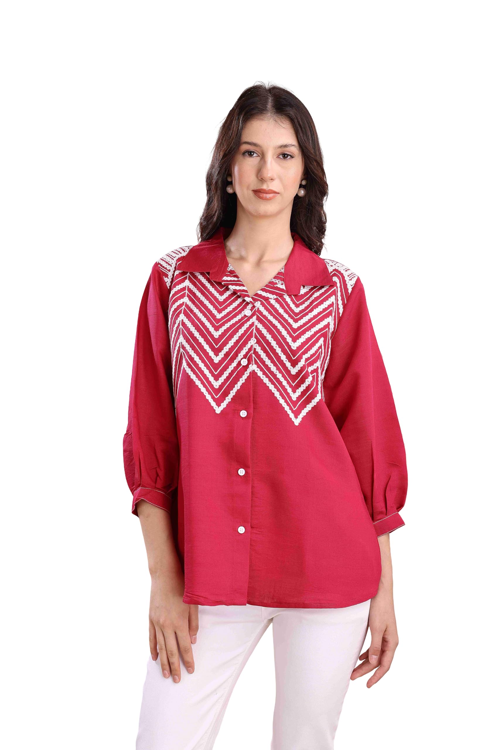 Women's Cotton Blend Embroidered Shirt | Casual Relaxed Fit Spread Collar Shirt-picture-32