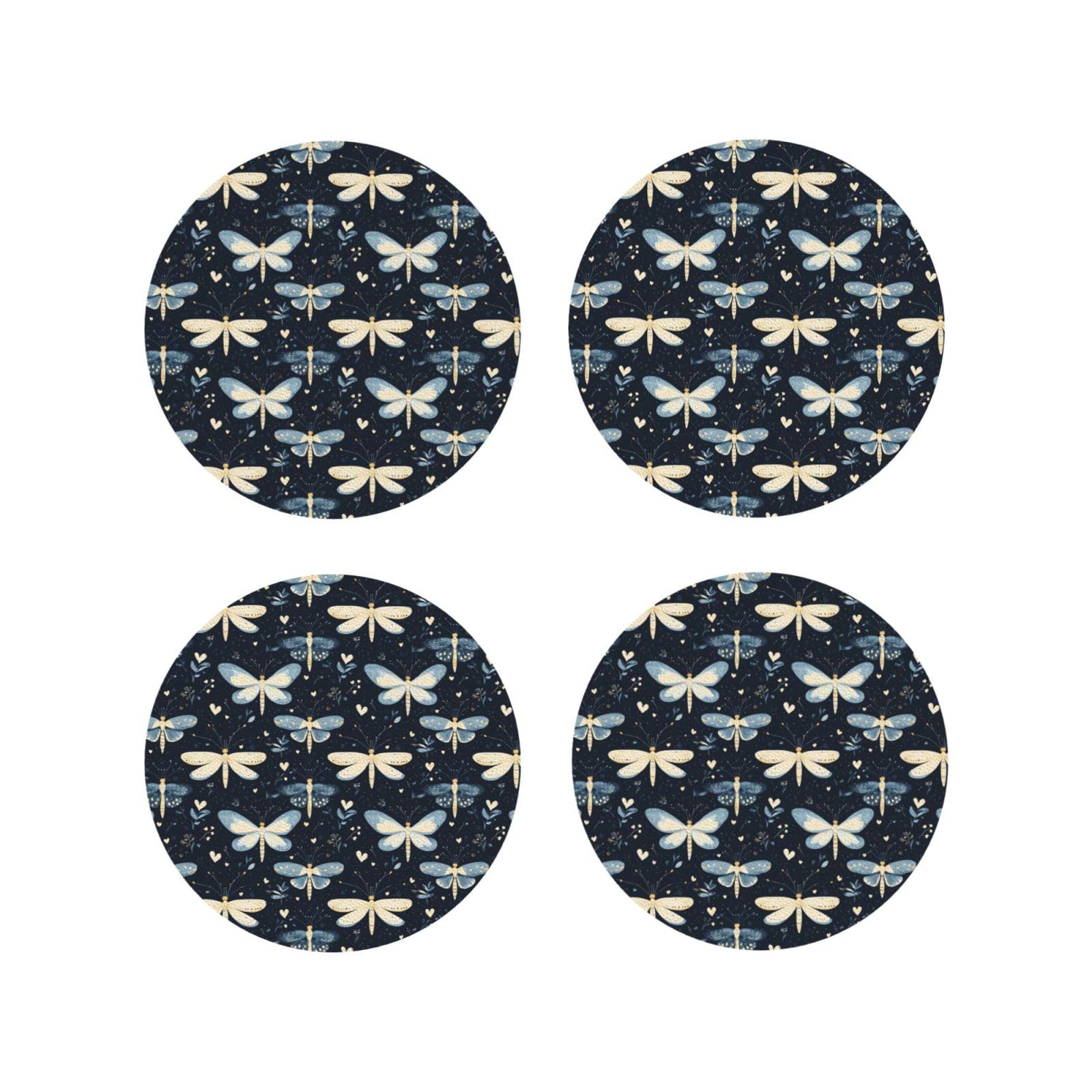 Smazdfxx Women's As Pic Leather Coasters Set Of 4 - Dragonfly Flower Navy Print Lightweight Drink Coasters For Desk