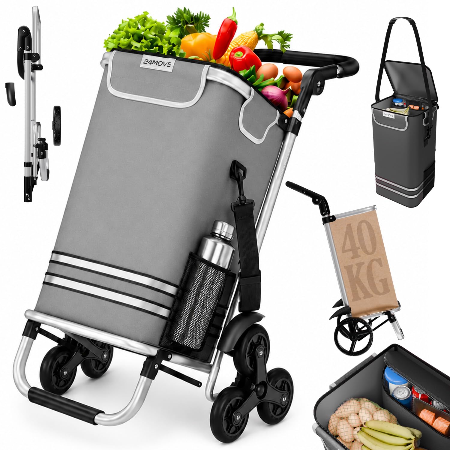 24MOVE® Einkaufstrolley Alegre & Vehlo klappbar mit 55L inkl. Kühlfach, Faltbarer 3in1 Trolley - Sackkarre und Tasche, bis 30kg belastbar, schwarz