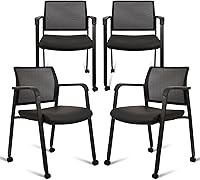 Vista 26 de CLATINA Silla de sala de espera negra con ruedas y respaldo de malla, sillas con brazos apilables con asiento de tela tapizado y soporte lumbar