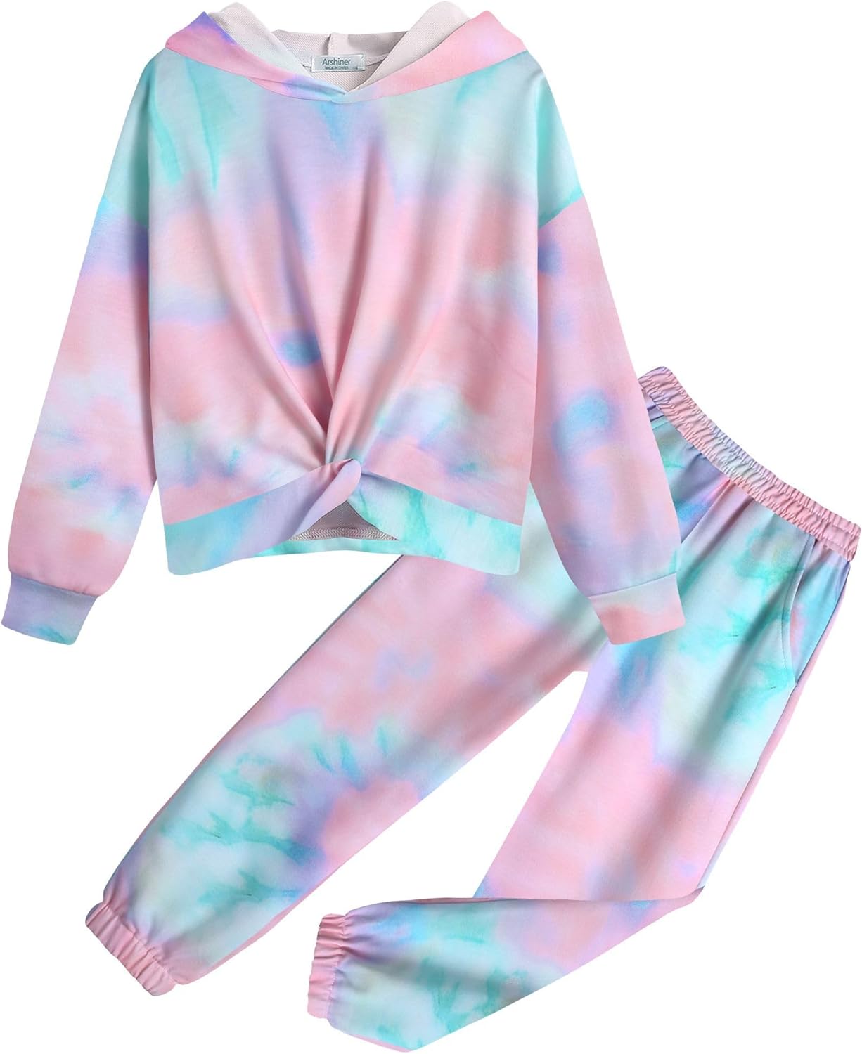 Arshiner Girl's 2 Piece Outfits Tie-dye Twist Front Pullover Hooded Sweatsuits Sweatshirt and Sweatpants Clothing Set