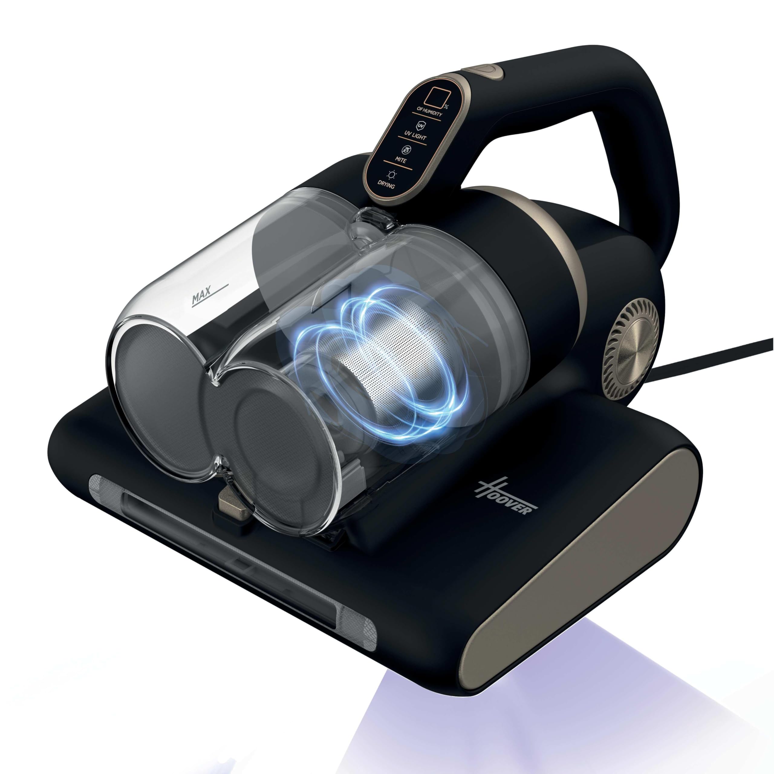 Hoover HMC520 Mattress Vacuum Cleaner with UV Light - 4 in 1 Handheld Dust Mite Vacuum Cleaner for beds and sofas - Dust Sensor, Mite Removal, UV-C Light, Black & Gold