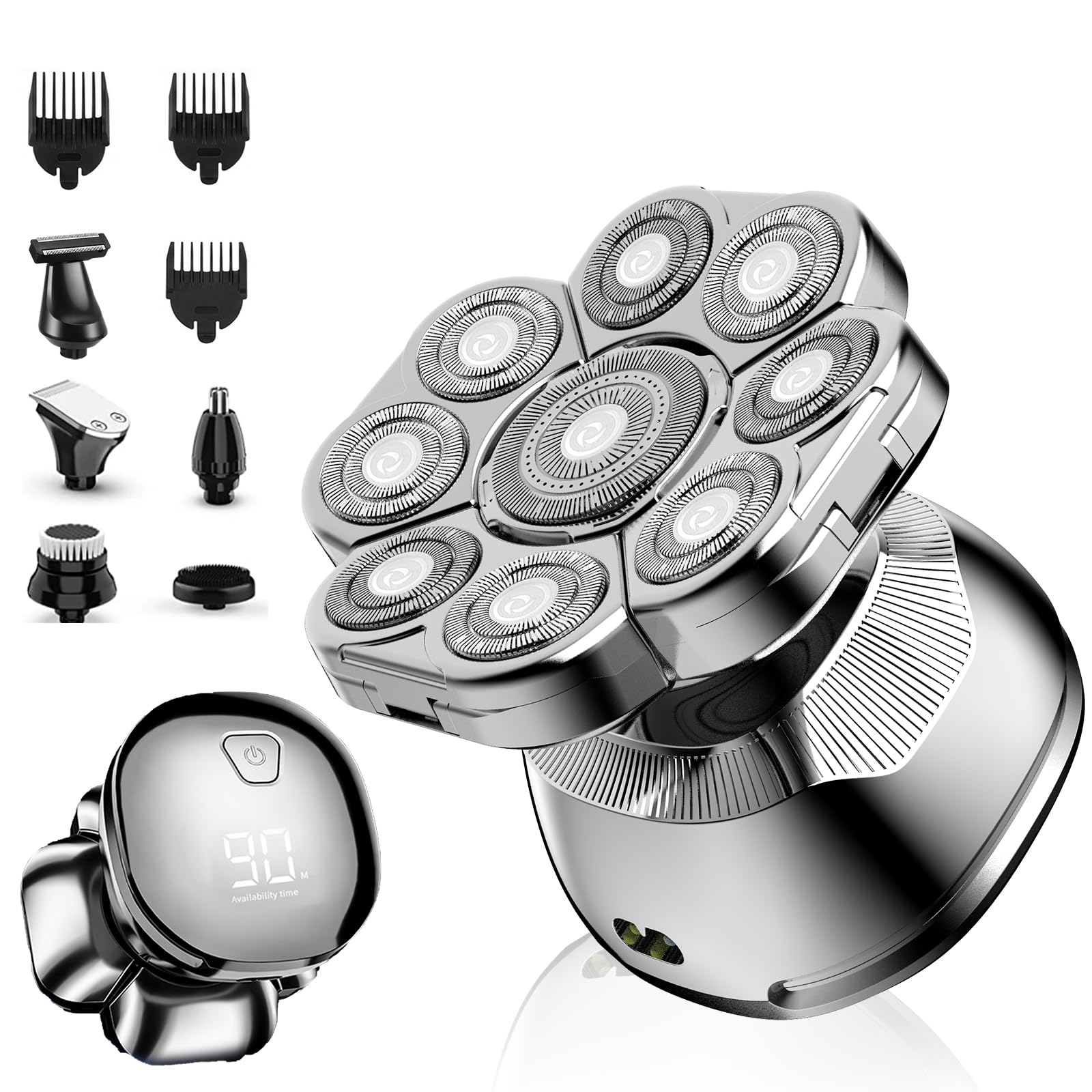 Elektrischer Rasierer Kopfrasierer für Glatze Herren: 9D 6-in-1 | Rotierend, wasserdicht, USB aufladbar, LED-Display, Trimmer & Set