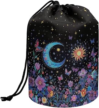 Poceacles Moon Sun Star Floral Butterfly Drawstring Makeup Bag Travel Cosmetic Organizer Case Foldable Make Up Bags for Women Portable Toiletries Accessories