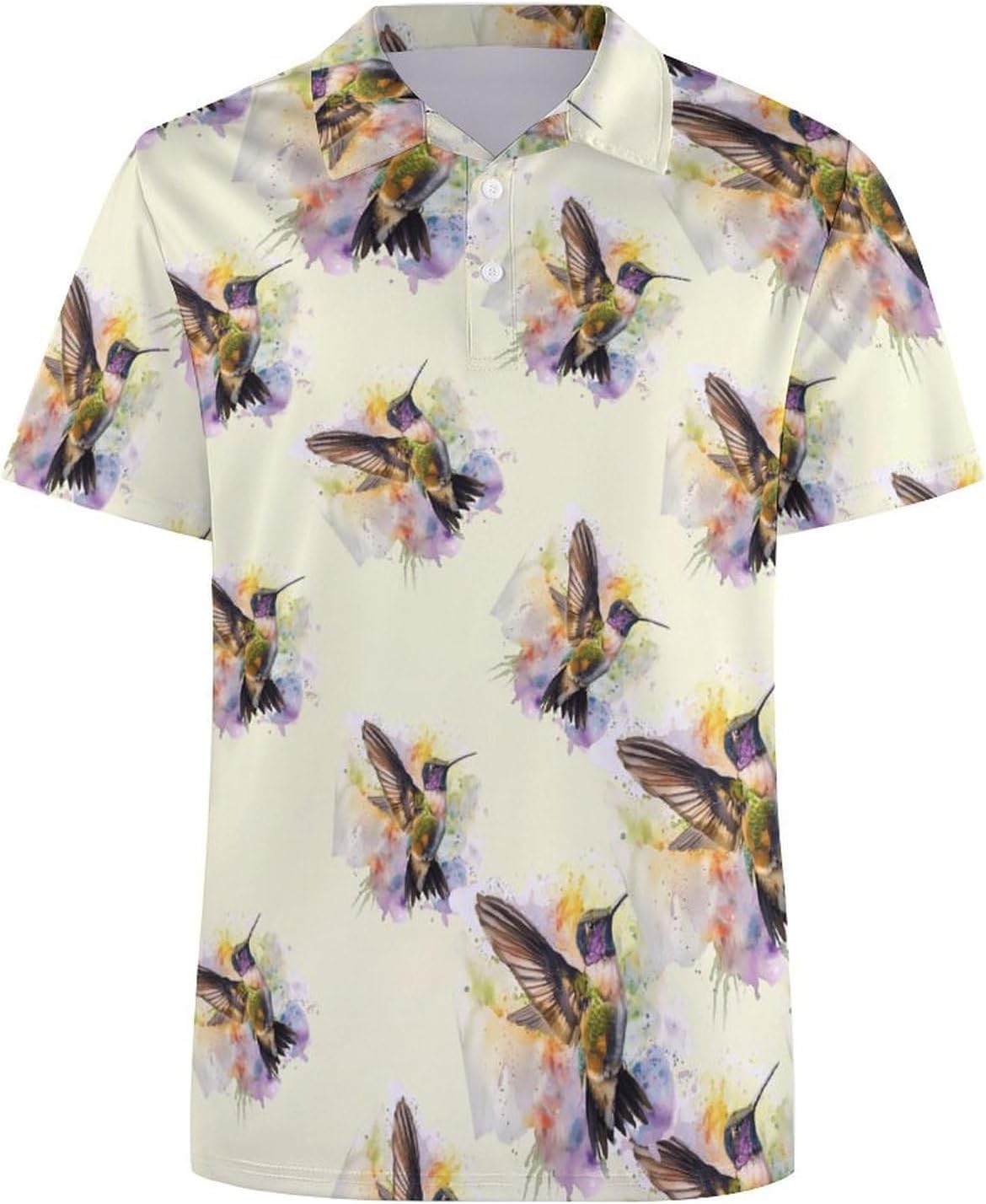 Hummingbird Watercolor Men's Golf Polo Shirts Short Sleeve Button Down T Shirt Slim Fit Graphic Tee Top