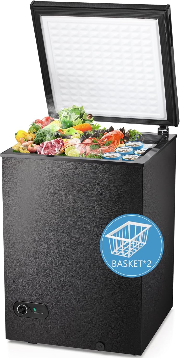 R.W.FLAME Chest Freezer 3.5 Cubic Feet with 2 Removable Baskets and Defrost Water Drain, Deep Freezer, Adjustable Temperature, Energy Saving, Top Open Door Compact Freezer (3.5 Cubic Feet, Black)
