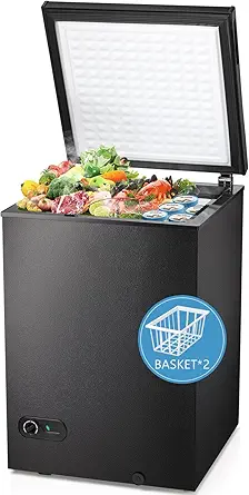 R.W.FLAME Chest Freezer 3.5 Cubic Feet with 2 Removable Baskets and Defrost Water Drain, Deep Freezer, Adjustable Temperature, Energy Saving, Top Open Door Compact Freezer (3.5 Cubic Feet, Black)