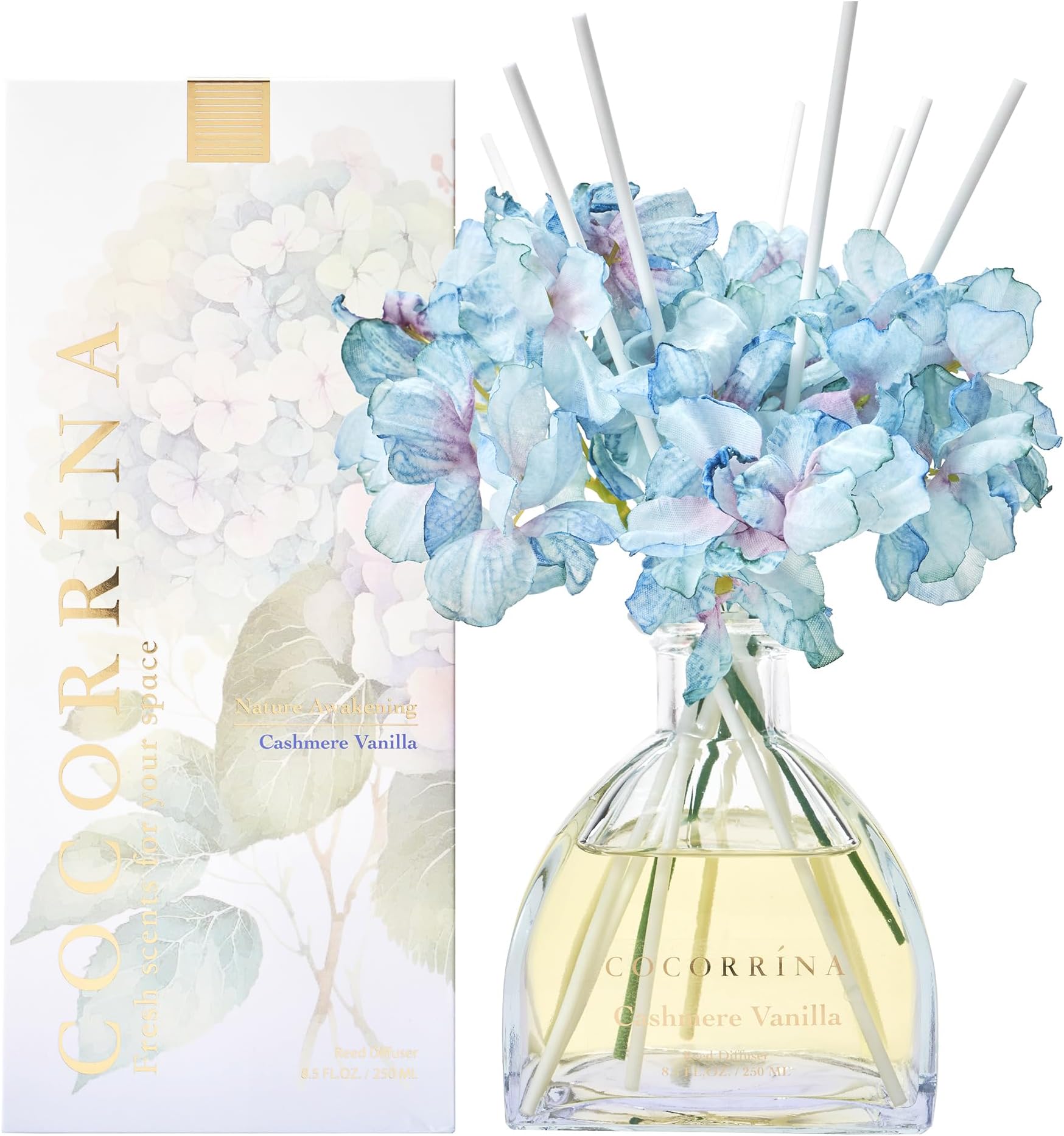 COCORRÍNA Reed Diffuser - 8.5 Oz Cashmere Vanilla Reed Diffuser with 8 Sticks for Home Bathroom Shelf Decor (Simple Luxe Collection)