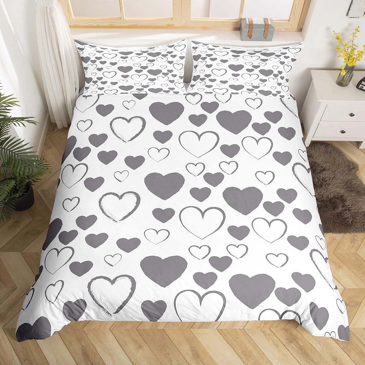 jejeloiu Heat Love Pattern Bedding Set for Kids Boys Girls Romantic Comforter Cover Set Love Print Duvet Cover Toddler Size Bedroom Decor White Grey 2Pcs,No Comforter