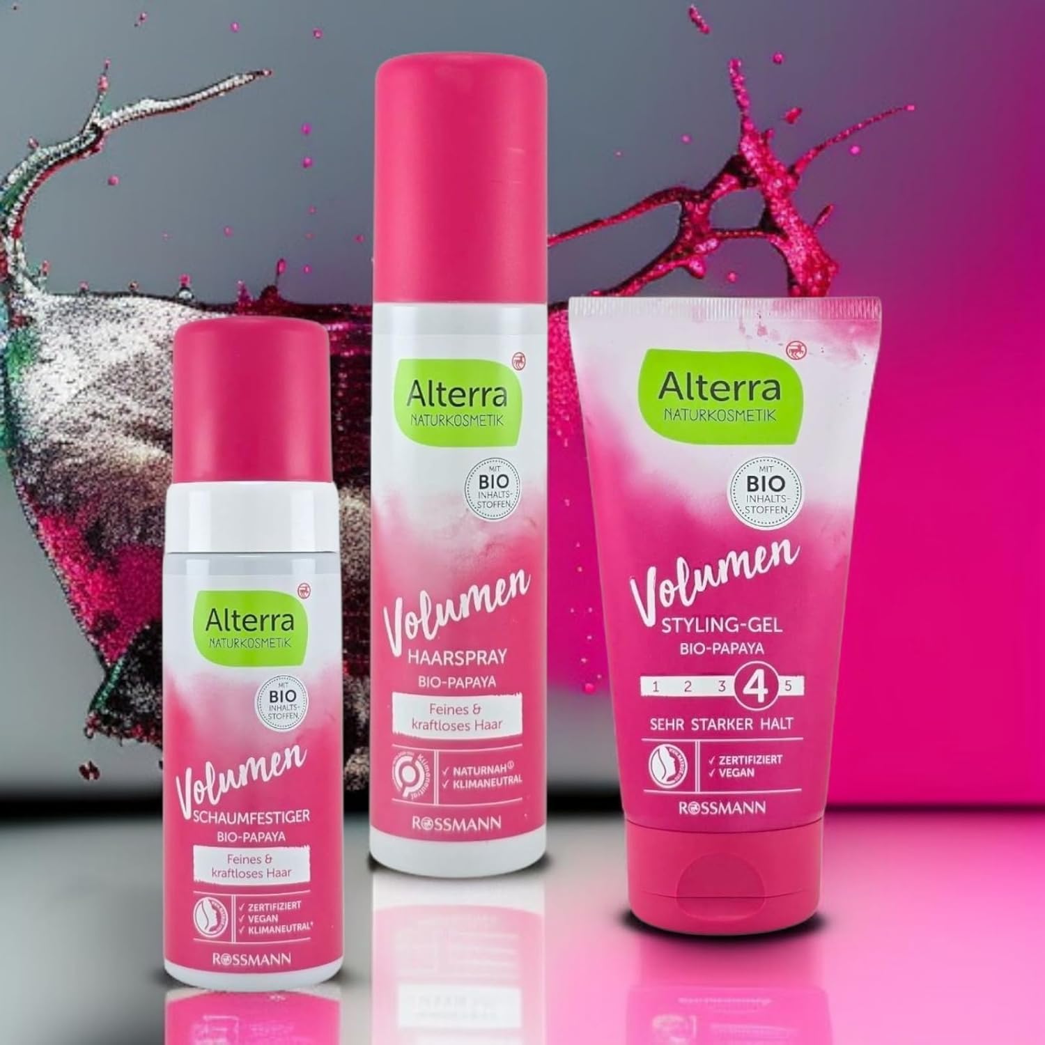 Naturkosmetik Volumen Haarstyling-Set (3-teilig) | mit Bio-Papaya | Schaumfestiger, Haarspray & Styling-Gel für feines Haar | Zertifizierte Naturkosmetik & Vegan(Alterra)