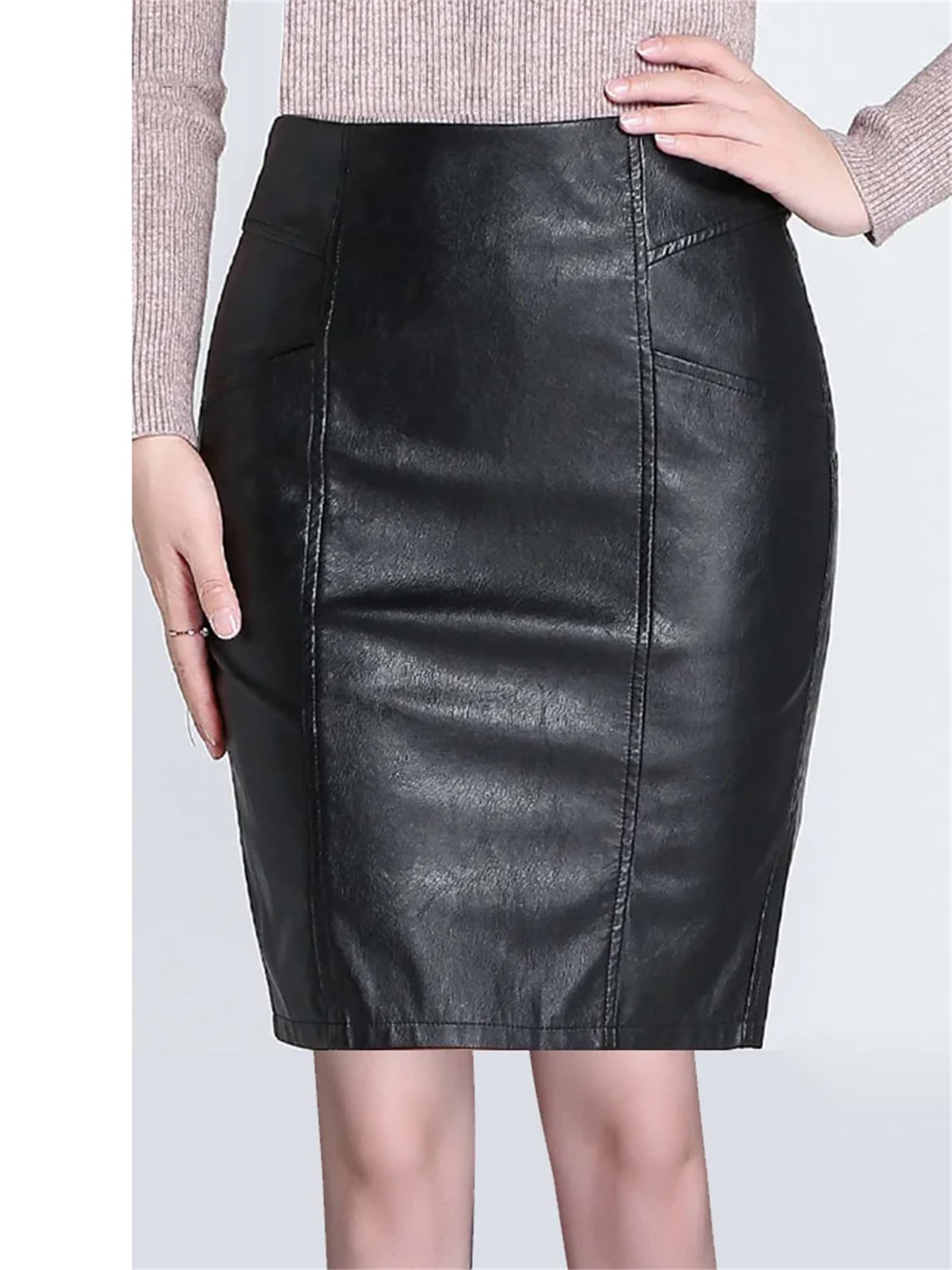 Falda corta de piel sintética para mujer, de cintura alta, color negro