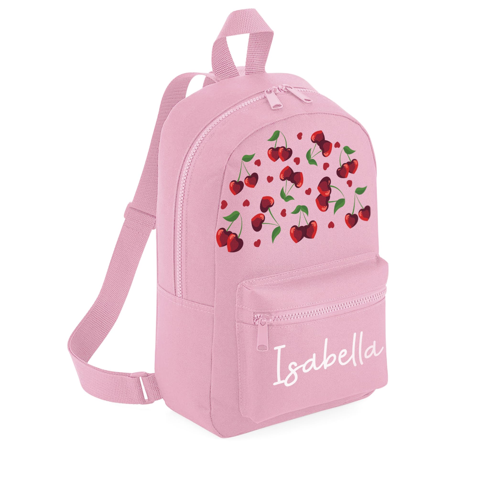 A1 Graphics Ltd Personalised Cherries Kids Backpack Custom with Name Choice of Colours Cherry Hearts School Bag with Adjustable Straps For Children & Toddlers (Powder Pink)