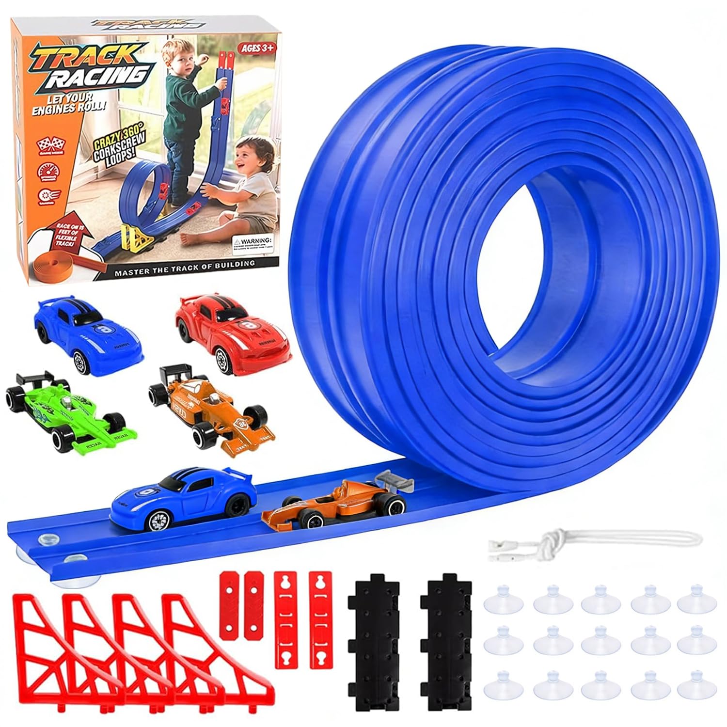Pista Coches Flexible 4M, Pista de Coches para Niños Includes 4 Car, Pista De Carreras Portátil para Niños, DIY Pista de Carreras Portátil de Juguete, Regalo para Niño y Niñas