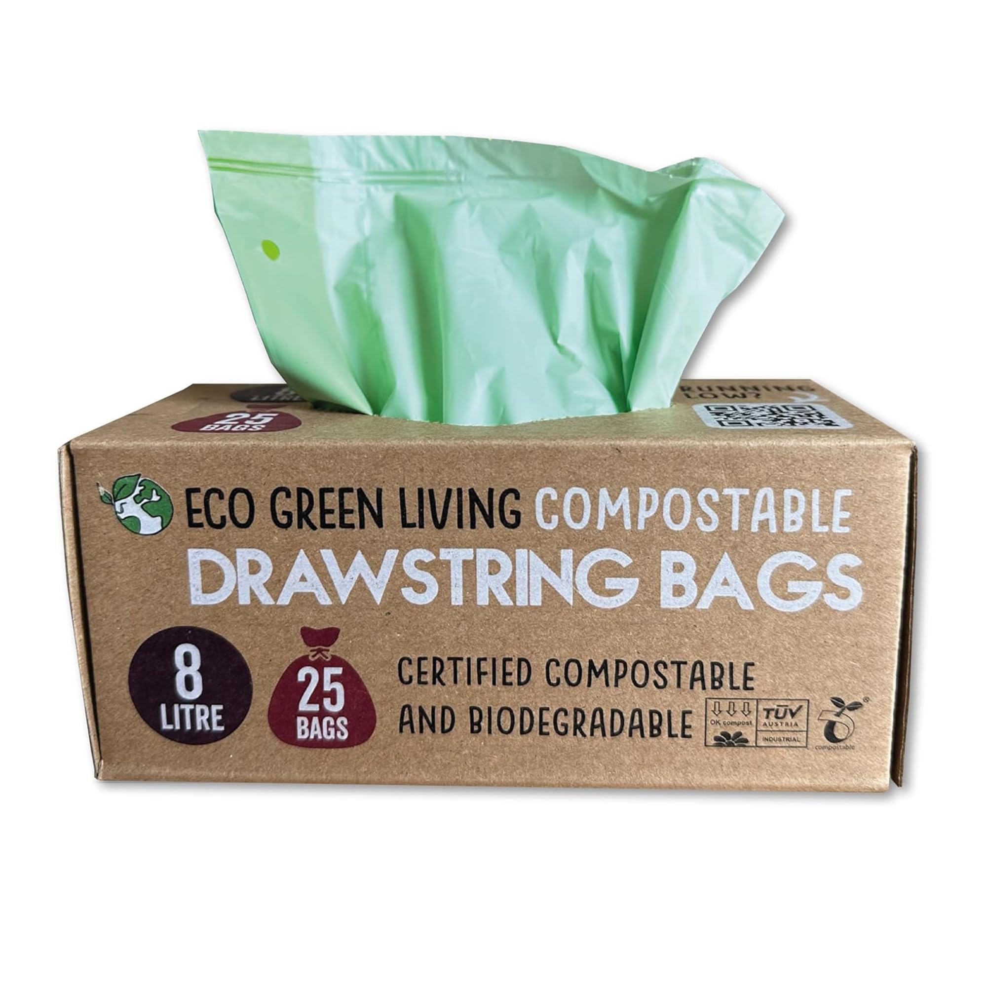 Eco Green Living Sacchi per la spazzatura compostabili da 8 litri con coulisse, senza plastica e anti-perdita, per bidoni da bagno, camera da letto e ufficio - 40 x 45 cm (25 sacchetti)