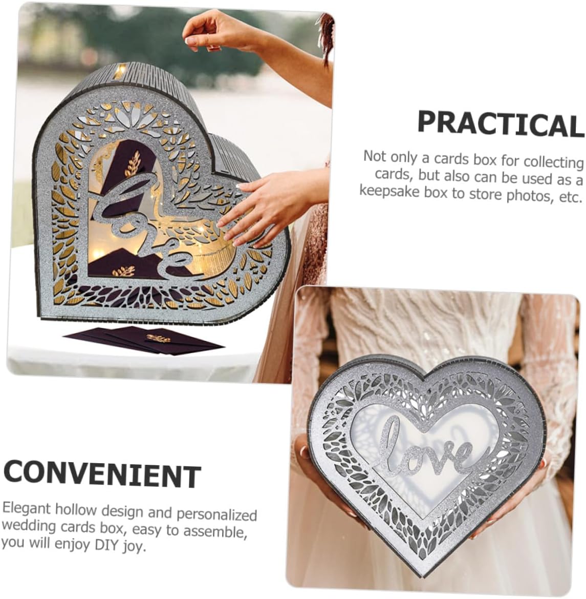 Wooden Heart Card Box Hollow Greeting Cards Storage Box Glitter Heart Shape Wedding Reception Envelope Holder for Birthday Valentine’s Day