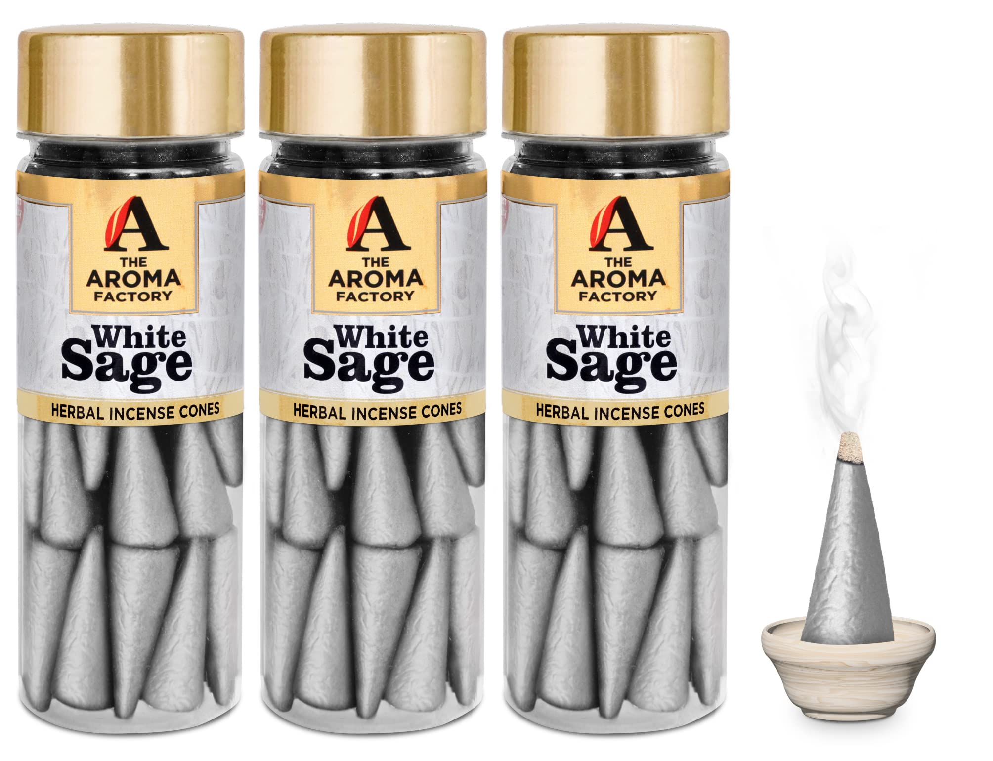 The Aroma Factory White Sage Incense Cone – Pack of 3 Bottles with 30 Cone Each, 100% Natural & Pure Herbs, Non-Toxic, Zero Charcoal, No Black Smoke, Infused with Essential Oils for Home & Meditation