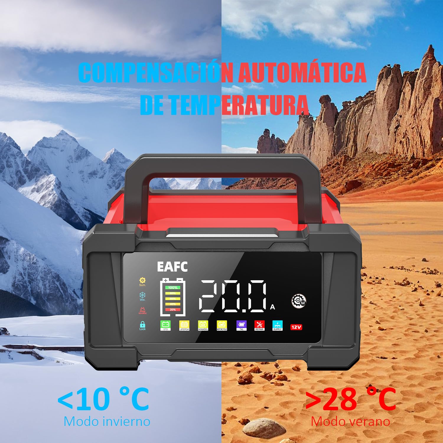 20A Portátil Cargador Baterias Coche, 12V/24V Cargador de Batería de Coche, Carga En 9 Etapas, Modo De Reparación, Cargador Bateria Coche para STD, AGM, EFB, Gel, SLA, LiFePO4, Moto