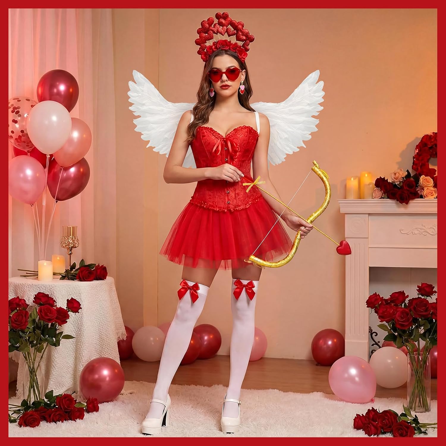 Chuangdi 9 Pcs Valentines Cupid Costume for Girl Women Corset Tutu Wings Stocking Bow Arrow Headband Angel Outfit