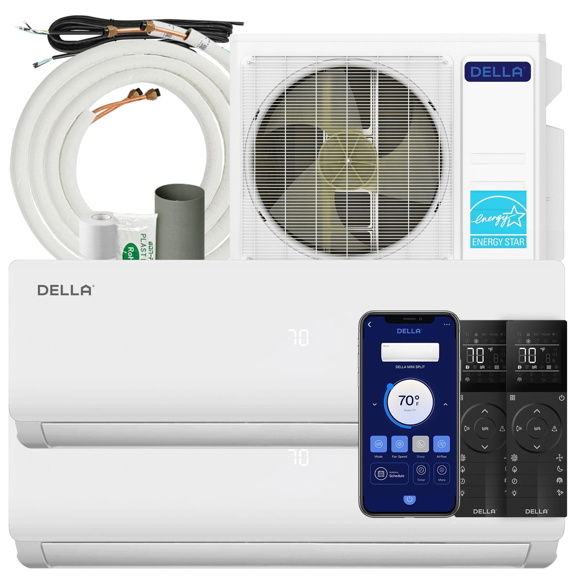 DELLA 20K BTU Dual Zone Mini Split AC (9K+12K), 20 SEER2, 16ft Kits