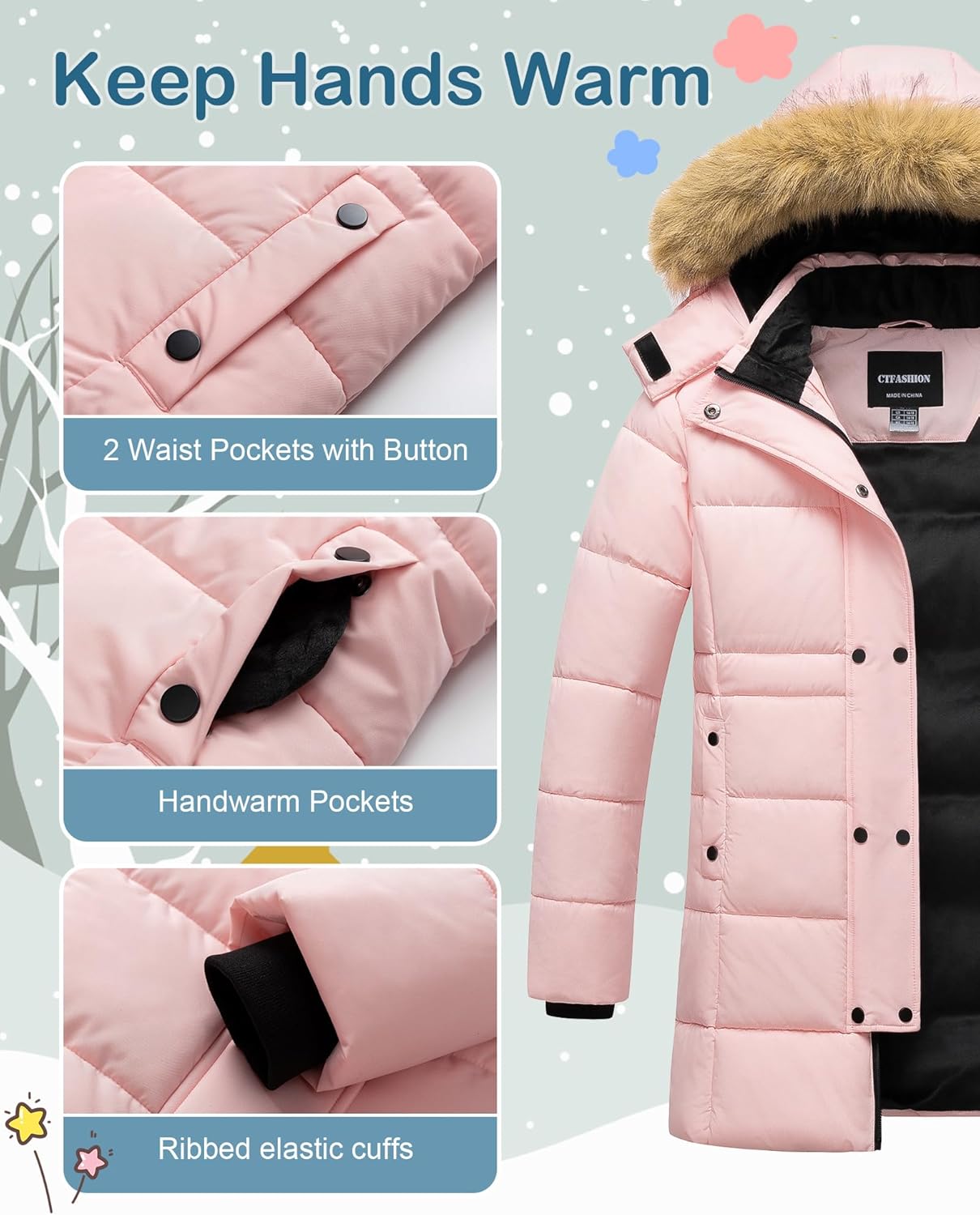 Girl's Puffer Jacket Kids Long Winter Coats Heavyweight Parka Warm Fleece Snow Outerwear with Removable Fur Hood - Image 5