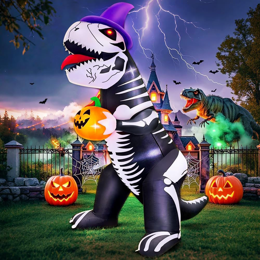 8FT Halloween Inflatables Outdoor Decorations, Halloween Blow Ups Inflatable Skeleton Dinosaur with Pumpkin for Outside Garden Decor, Halloween Decorations Outdoor